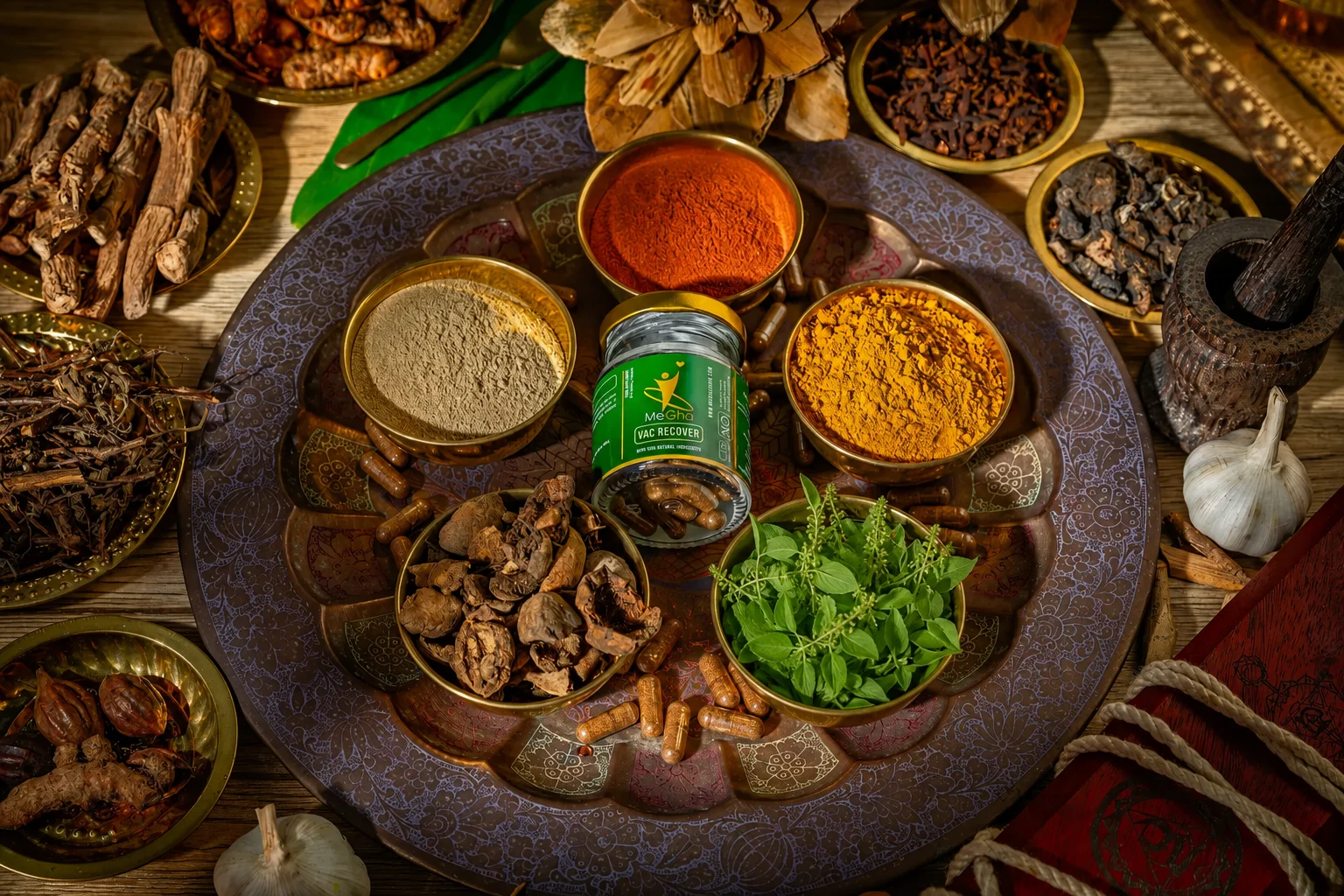 MeGha Vac Recover jar among Ayurvedic herbs and spices